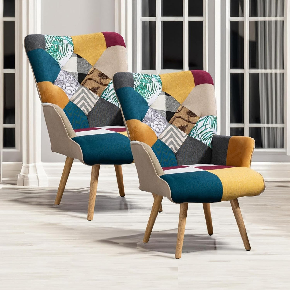 Estuary Patchwork Accent Chair, Modern Upholstered Armchair with Wooden Legs, Mu
