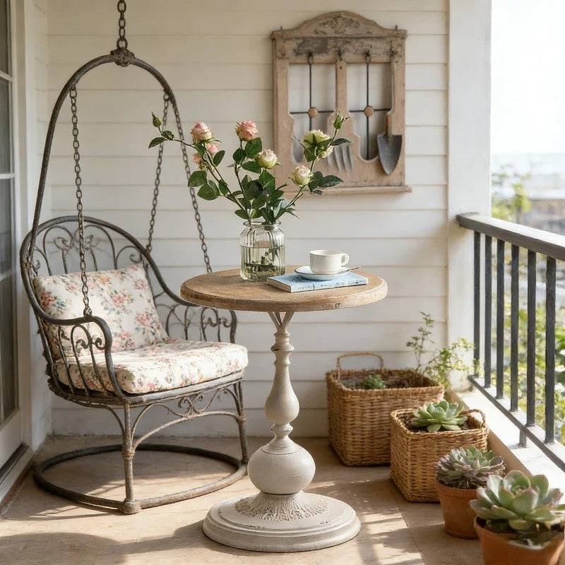 EstuaryVintage Farmhouse Side Table Round Wooden Top Pedestal End Table Distress