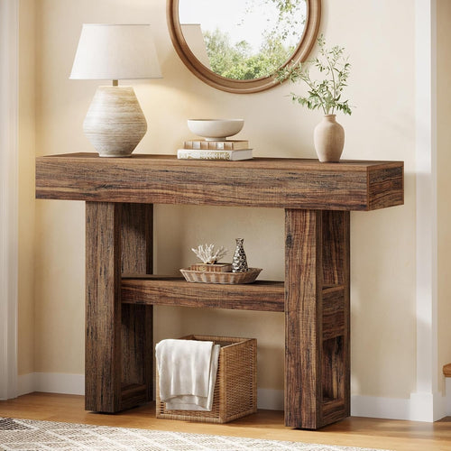 41.34-Inch Farmhouse Console Table, 2-Tier Narrow Sofa Table Behind The Couch, E