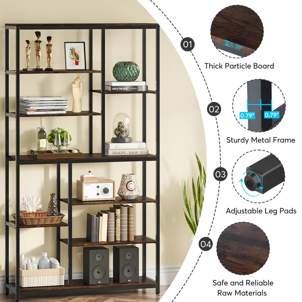 Estuary 79 Inches Bookcase with Open Shelves, 9-Tier Industrial Bookshelf