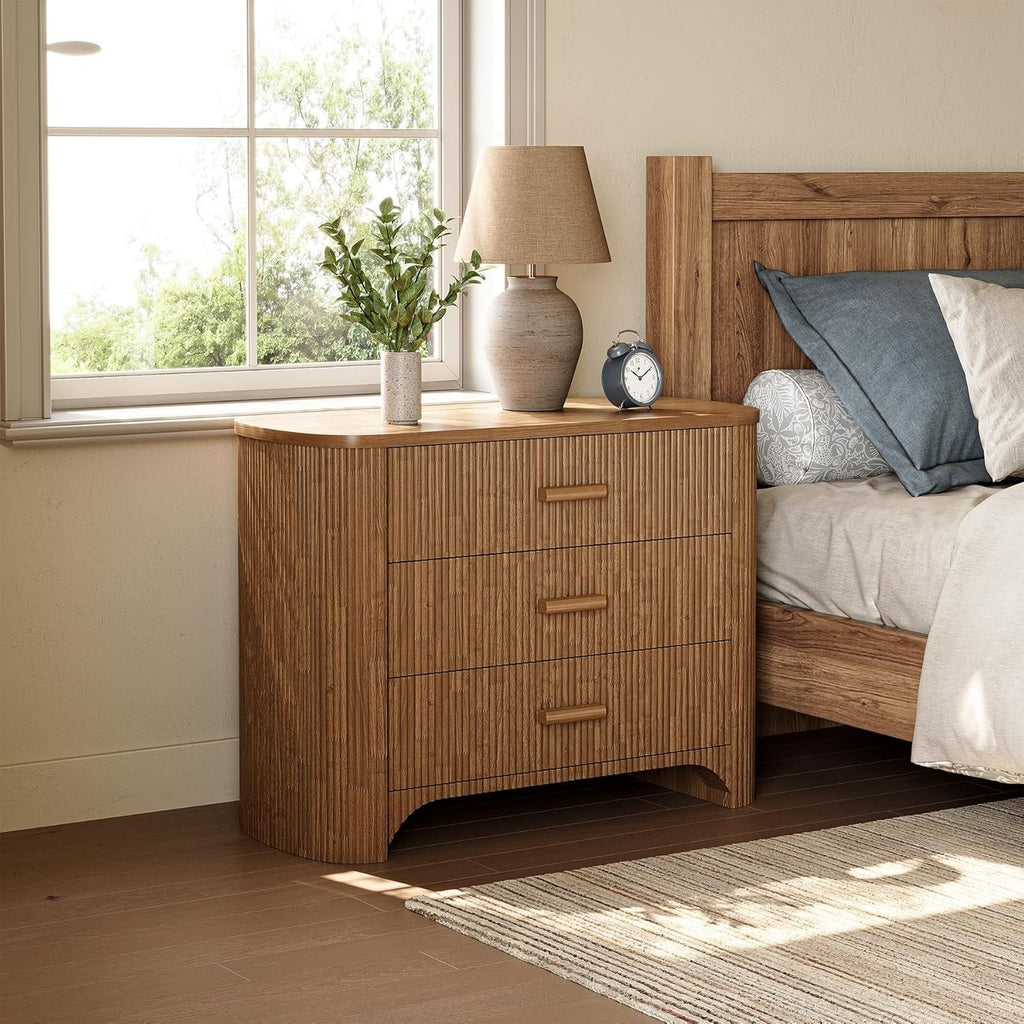 Large Wide Nightstand with 3 Drawers, Mid Century Modern Oversized Bedside Table