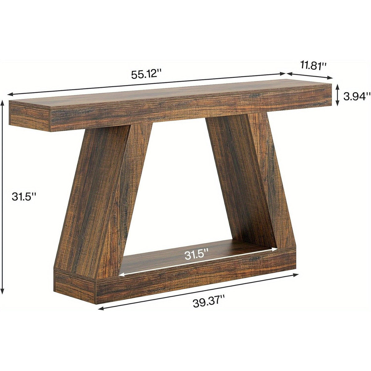 55-Inch Farmhouse Console Table with 2-Tier Storage Shelves - Rustic Industrial