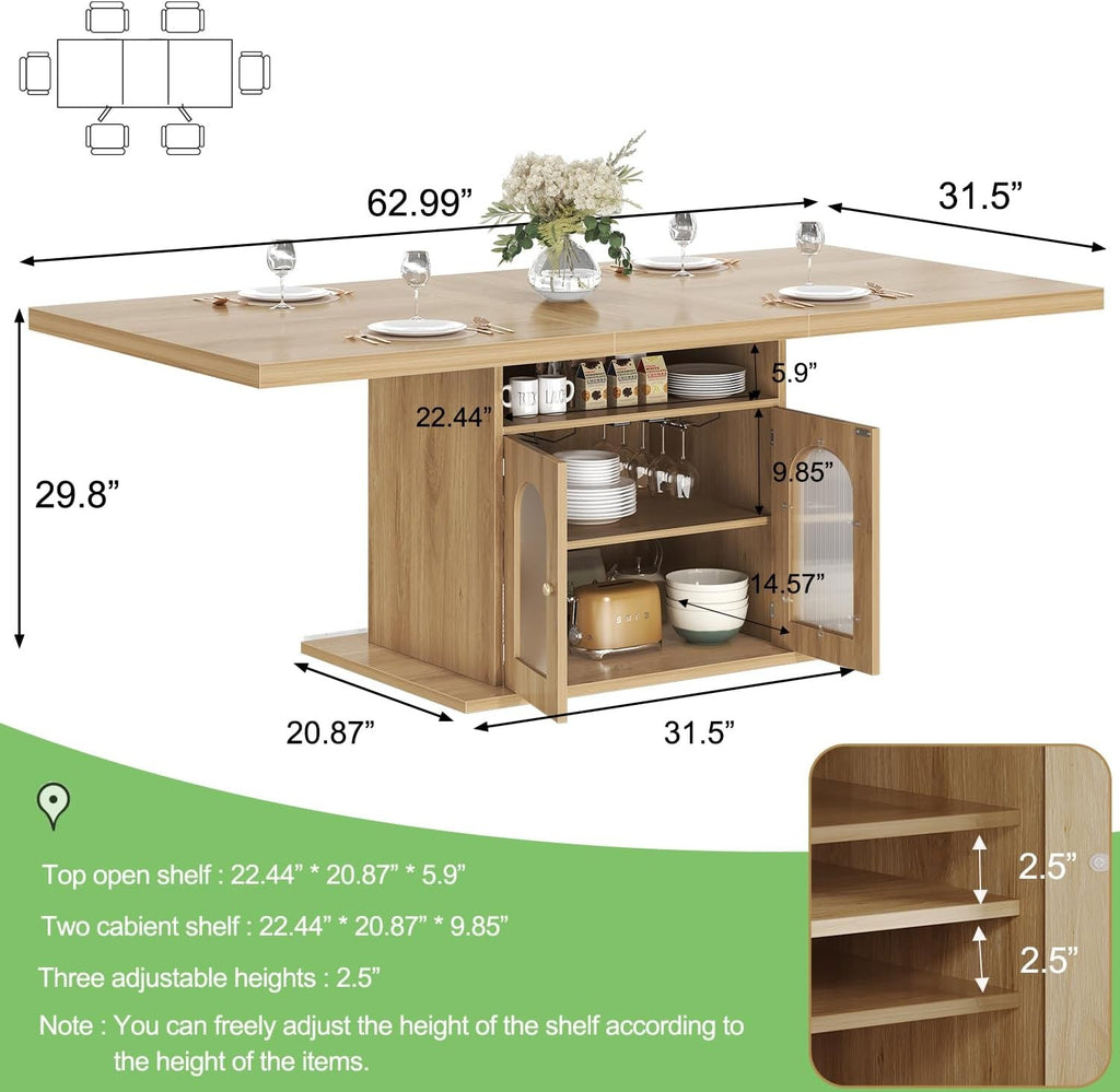 EstuaryDining Desk for 4–6 Wood Farmhouse Kitchen Table with 3-Tier Storage Shel