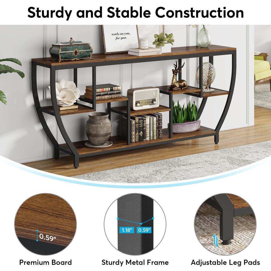 70.9 Inch Long Sofa Table with Shelves, Rustic Console Table with Storage, Indus