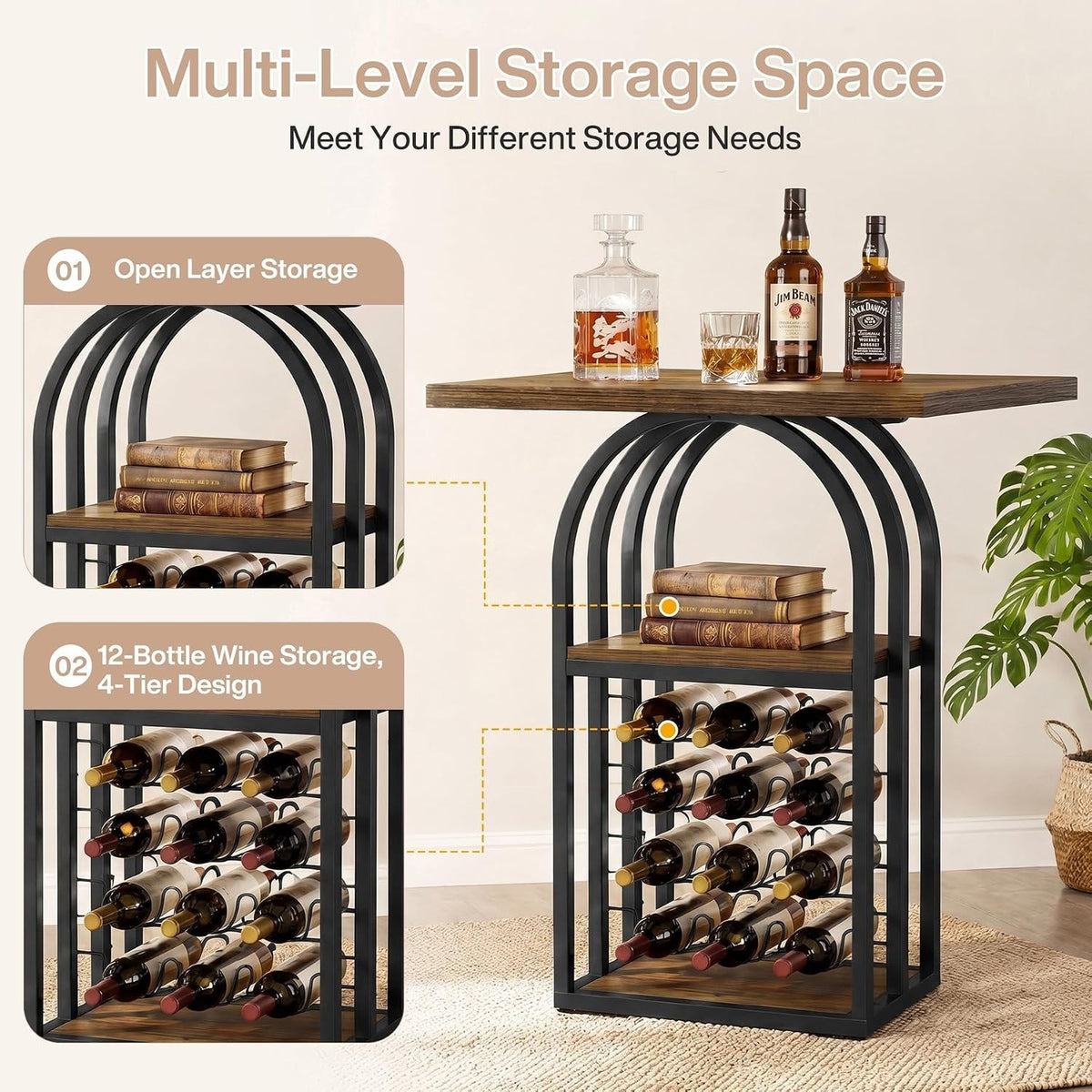 Square Bar Table, 35" H Bistro Pub Table with 4-Tier Wine Rack Storage and Shelv