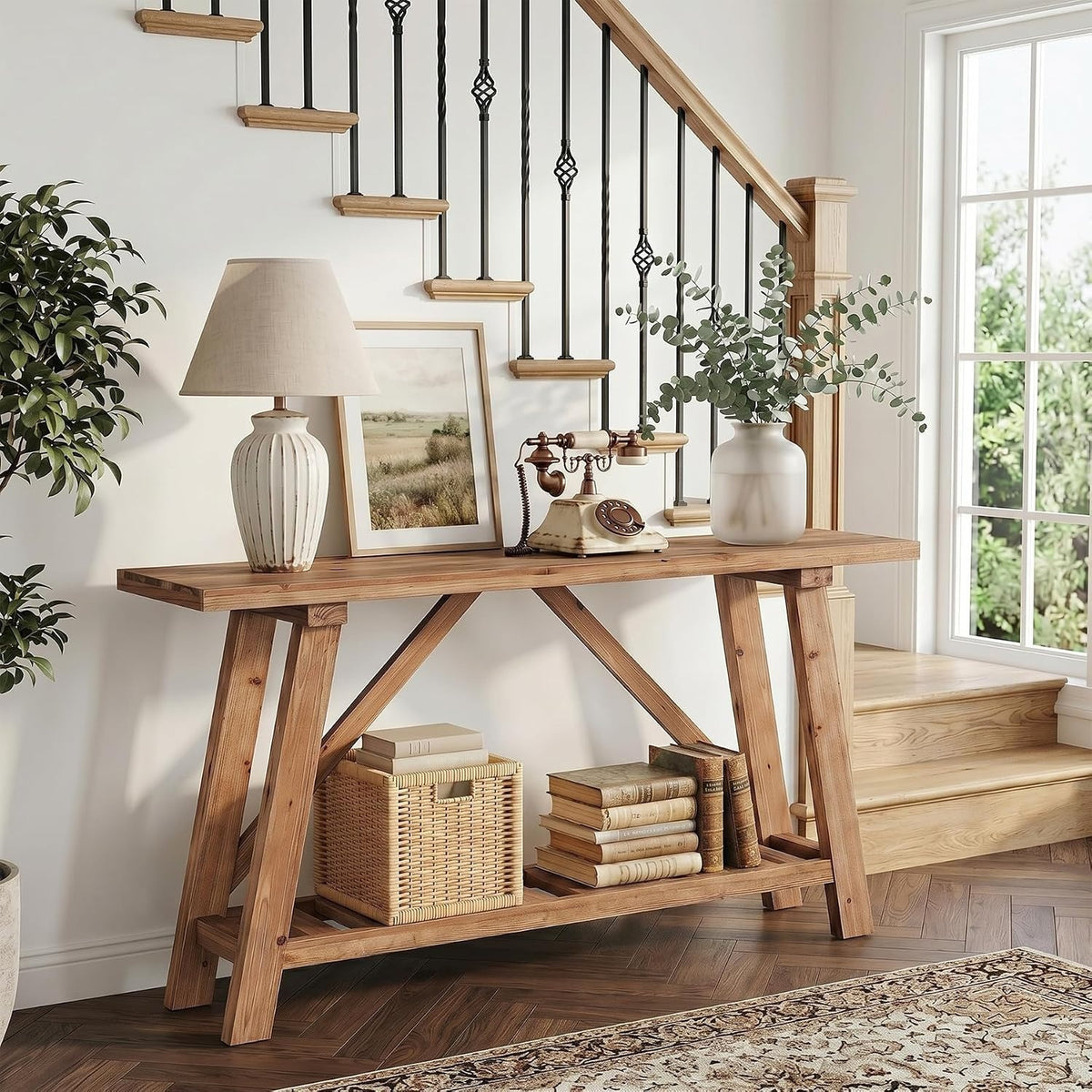 Solid Wood Console Table, 62.9-Inch Long Narrow Entryway Sofa Table with Storage