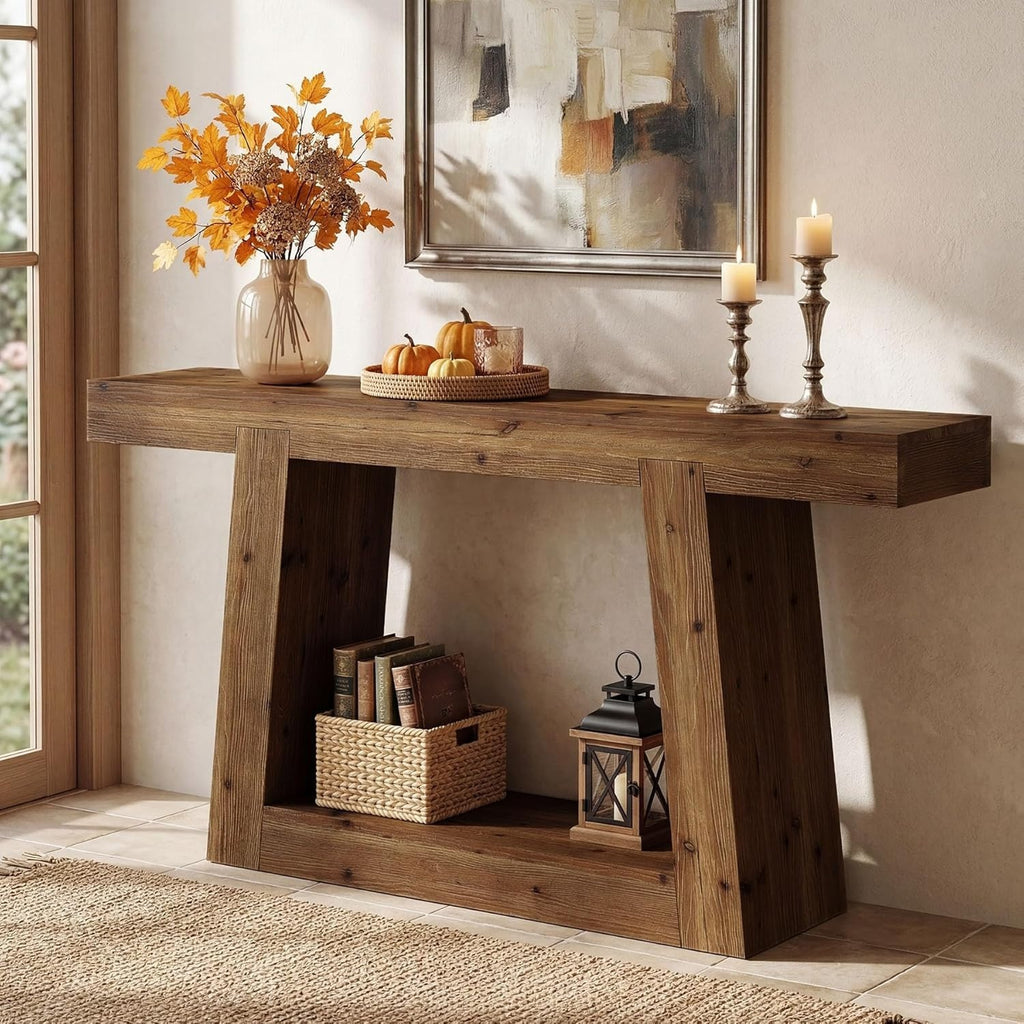 55-Inch Solid Wood Office Reception Console Table, Farmhouse Sofa Side Table wit