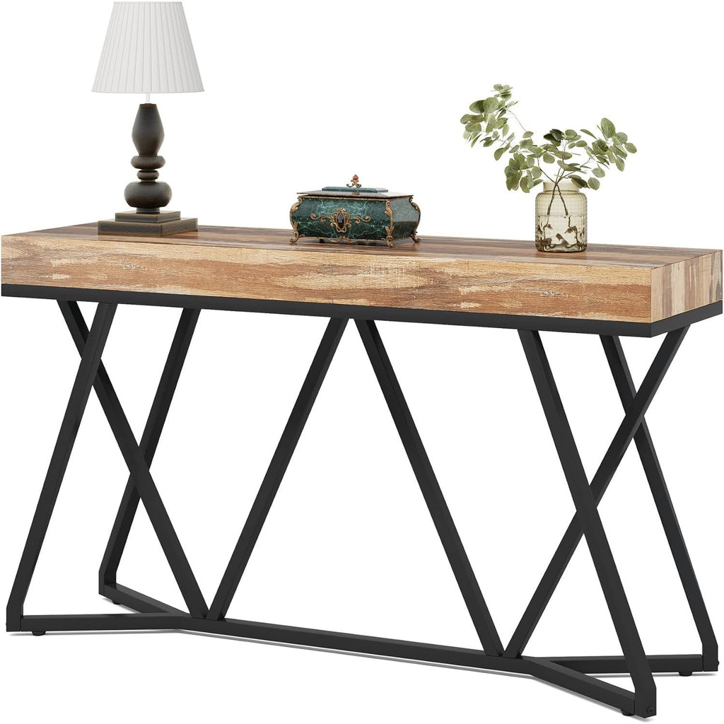 55 Inch Console Table – Farmhouse Entryway Table with Unique Metal Base, Wooden