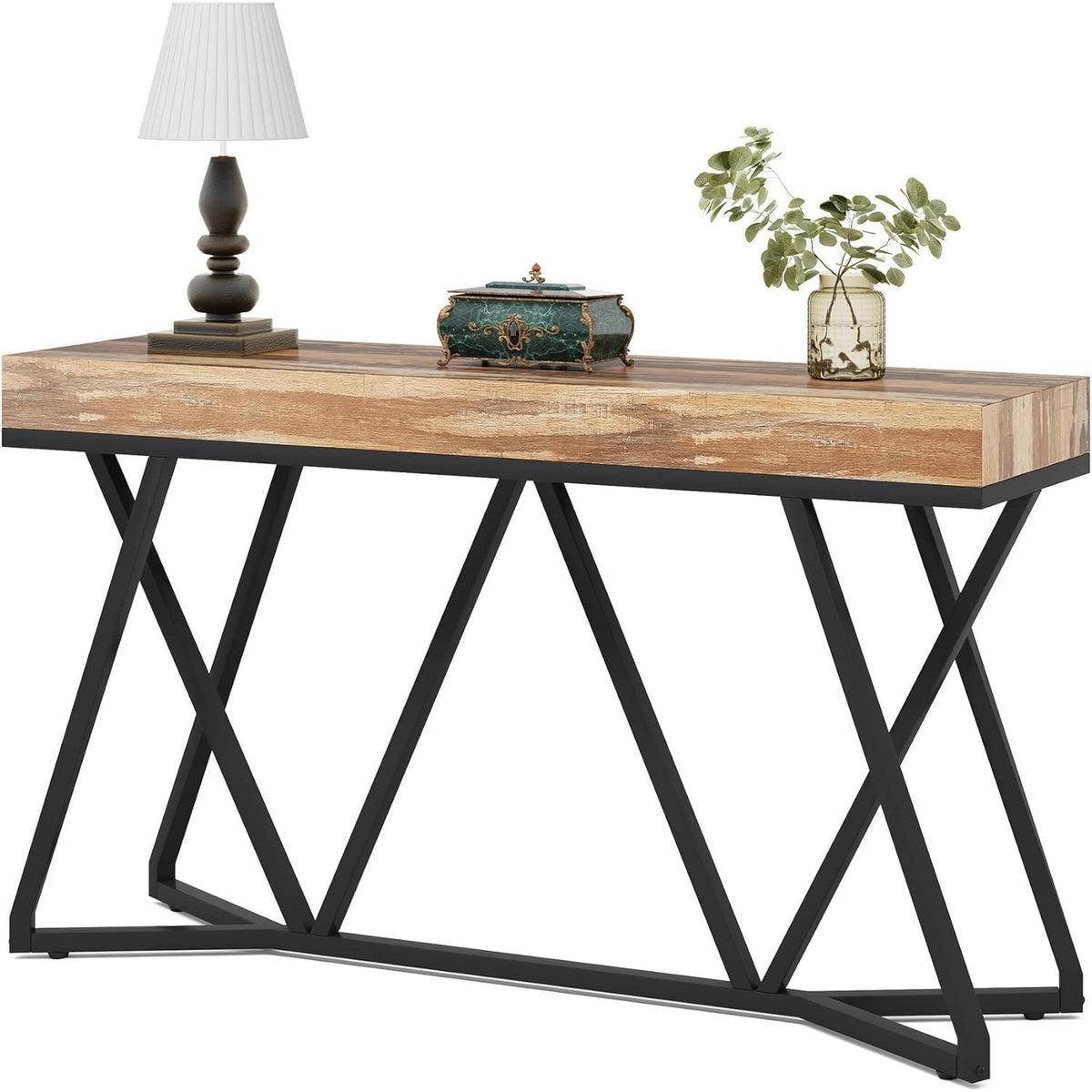 55 Inch Console Table – Farmhouse Entryway Table with Unique Metal Base, Wooden