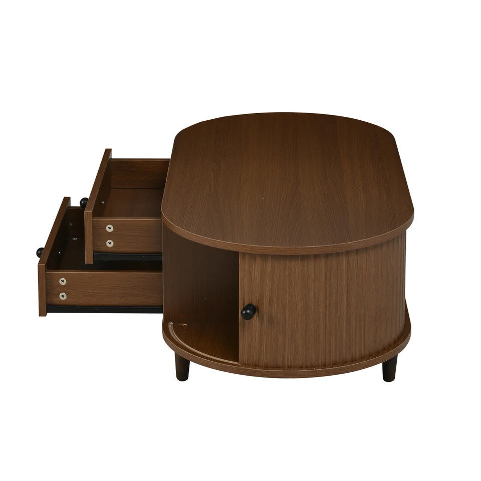 EstuaryOval Coffee Table with 2 Sliding Doors & Drawers – Walnut MDF, 100x50x36c