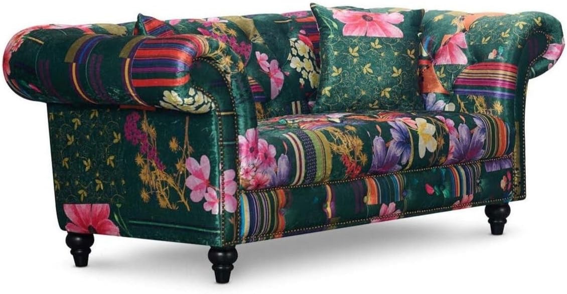 Estuary Patchwork Fabric 2 Seater Chesterfield Sofa Loveseat, Classic Couch Scro