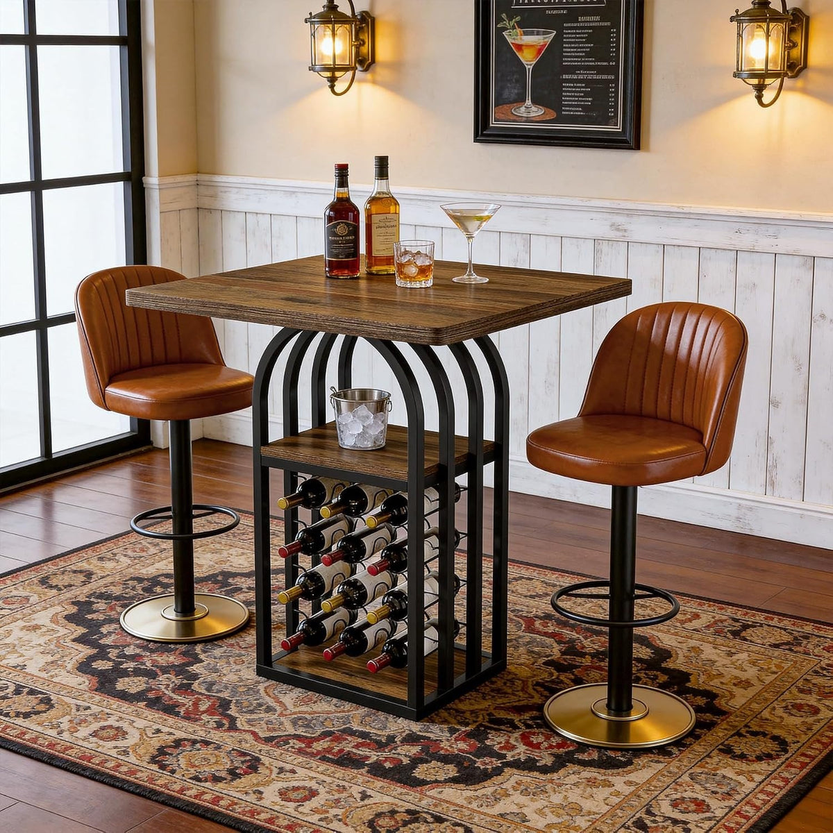 Square Bar Table, 35" H Bistro Pub Table with 4-Tier Wine Rack Storage and Shelv