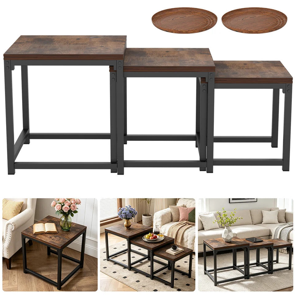 Square Nesting Coffee Tables Set Stacking Vintage Side End Table Space Saving Fl