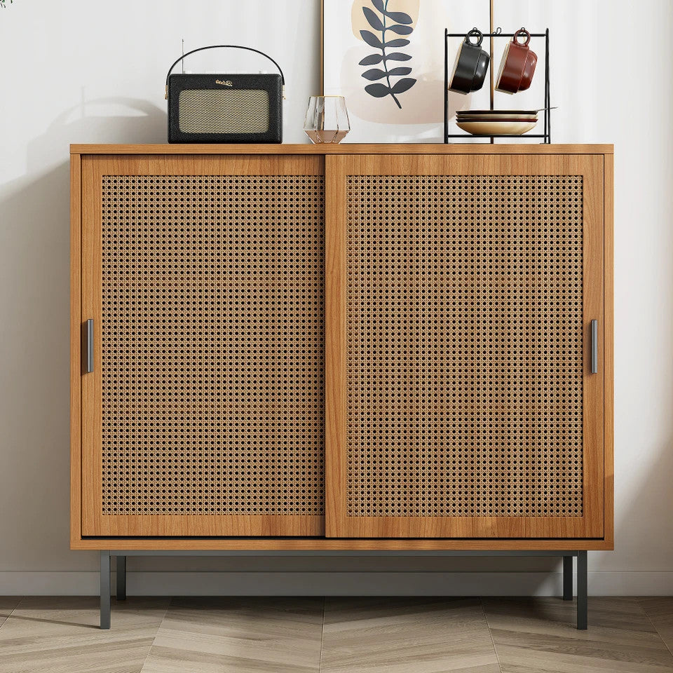 EstuaryVintage Farmhouse Walnut Rattan Sideboard Sliding Breathable Rattan Doors