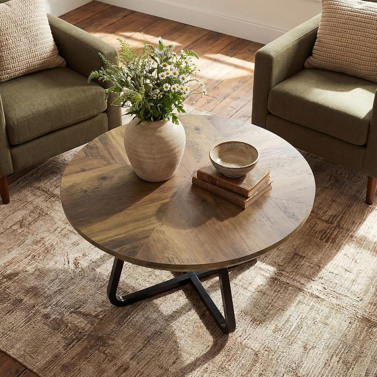 Estuary 31.5 Inches Round Coffee Table, Modern Wooden Center Table fo