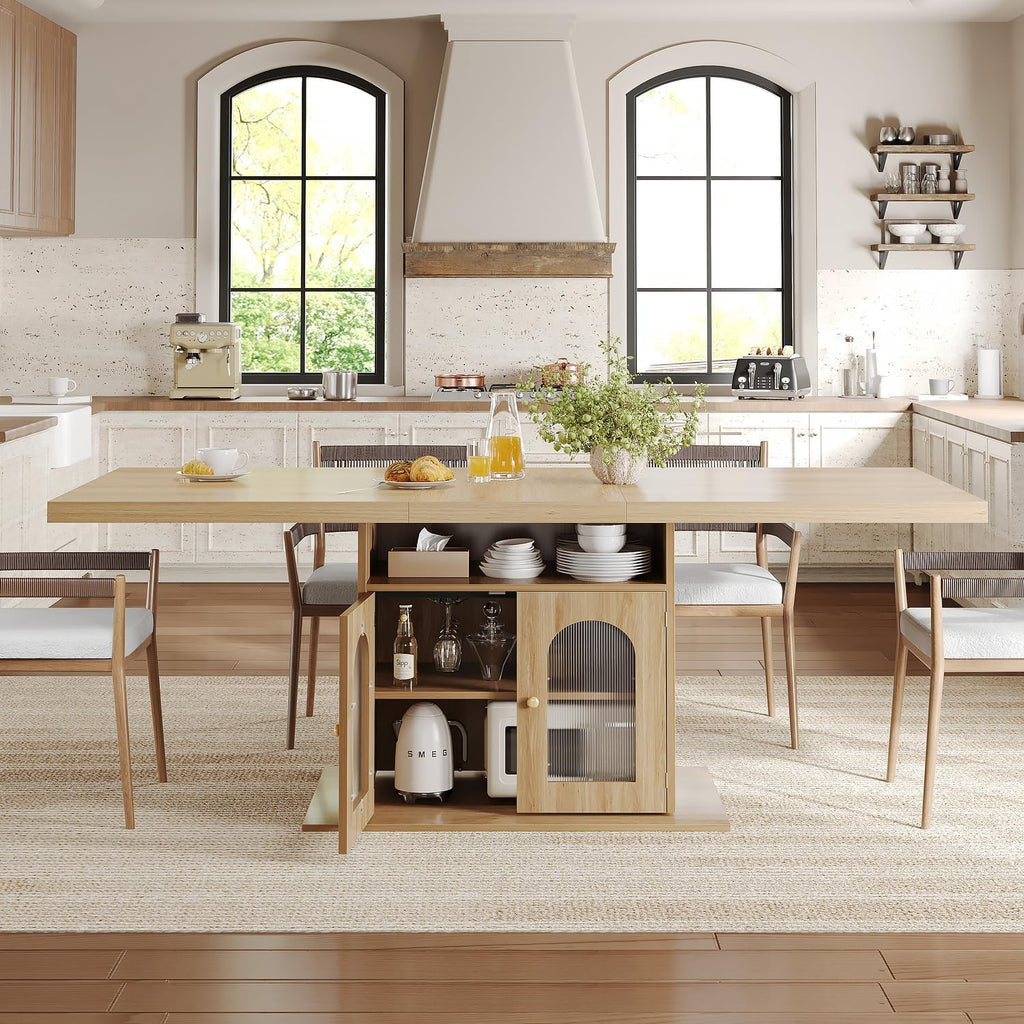 EstuaryDining Desk for 4–6 Wood Farmhouse Kitchen Table with 3-Tier Storage Shel