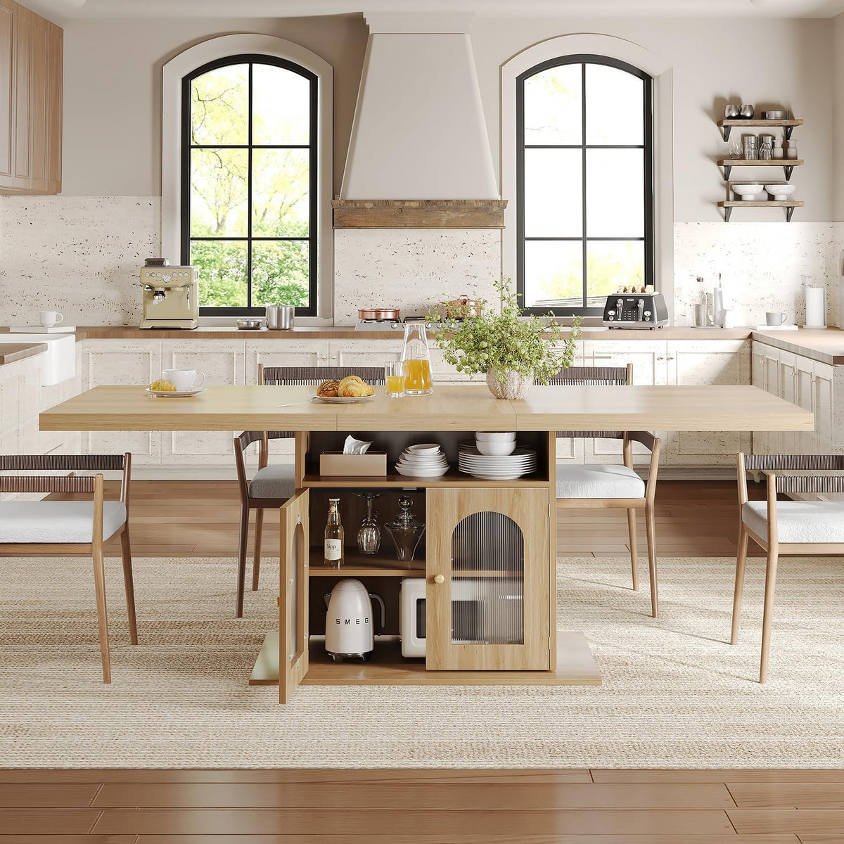 EstuaryDining Desk for 4–6 Wood Farmhouse Kitchen Table with 3-Tier Storage Shel