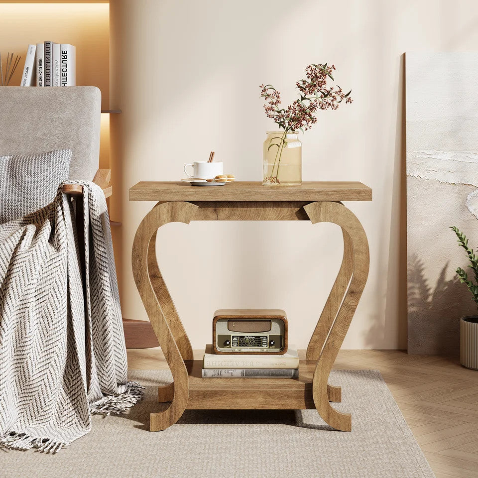 Estuary End Table, Narrow Wood Side Table with Storage Shelves, 2-Tie