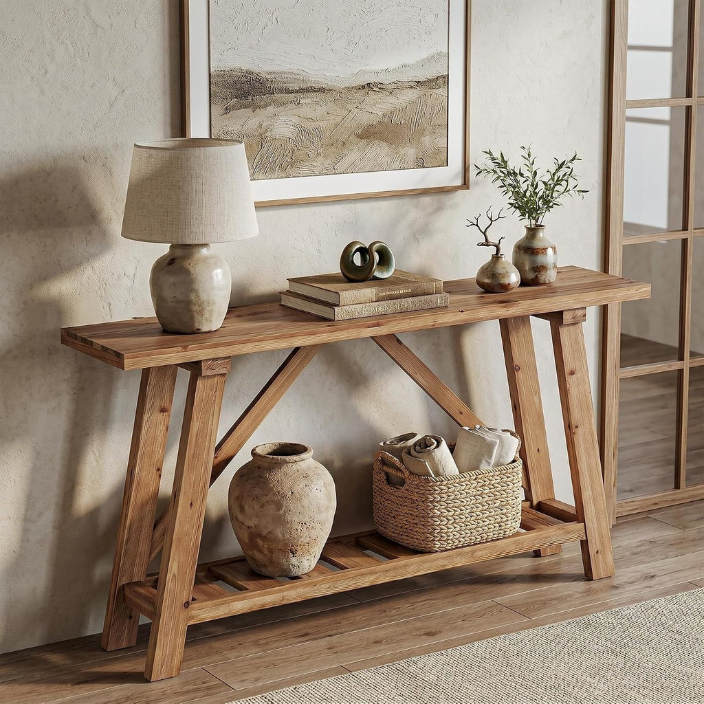 Solid Wood Console Table, 62.9-Inch Long Narrow Entryway Sofa Table with Storage