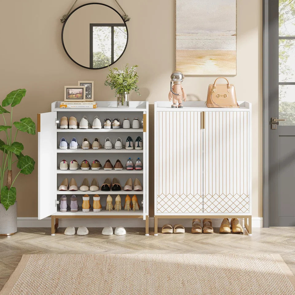 Estuary 5-Tier White Shoe Cabinets with Doors, Shoe Rack, Wood Storage Cabine
