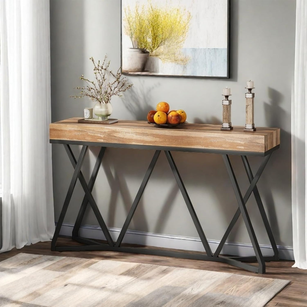 55 Inch Console Table – Farmhouse Entryway Table with Unique Metal Base, Wooden