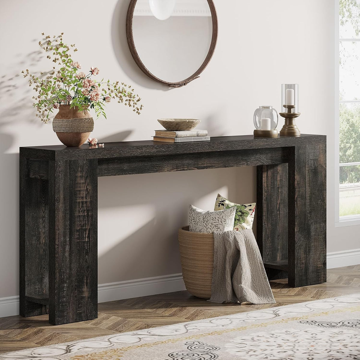 Estuary 63-Inch Extra Long Console Table, Farmhouse Wood Sofa Table Behin