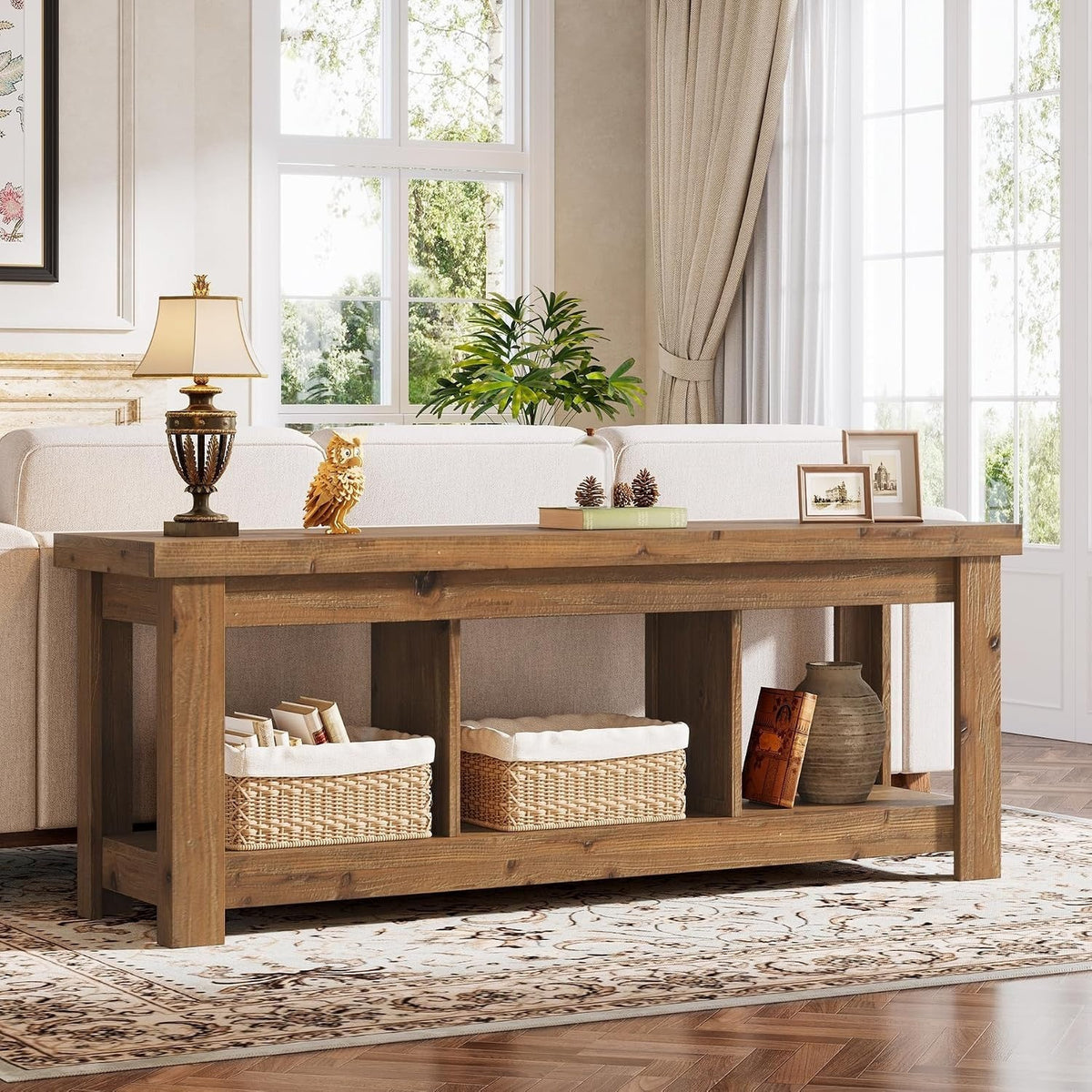 Solid Wood Console Table, 63-Inch Entryway Table with Storage, Long Wooden Sofa