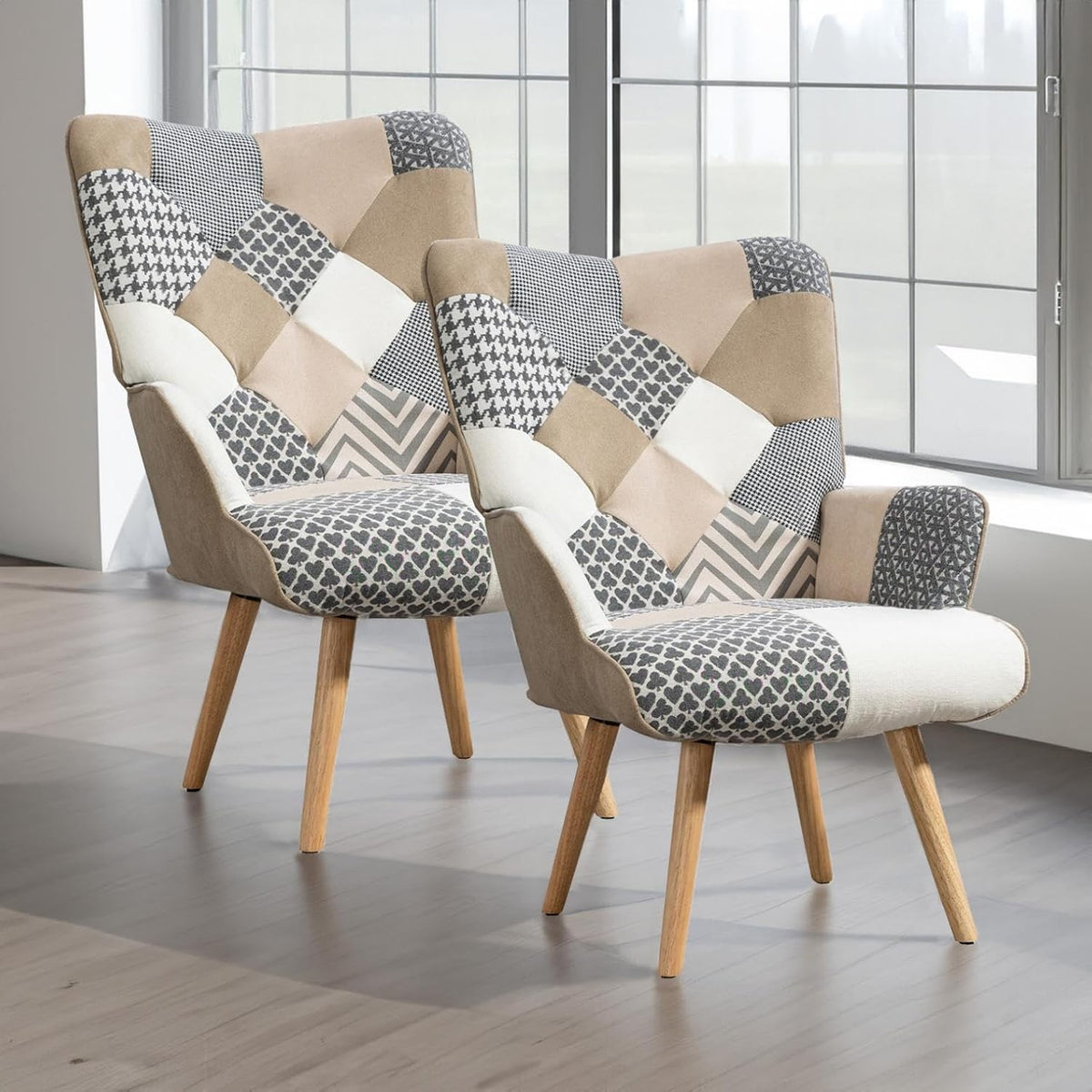 Estuary Patchwork Accent Chair, Modern Upholstered Armchair with Wooden Legs, Mu