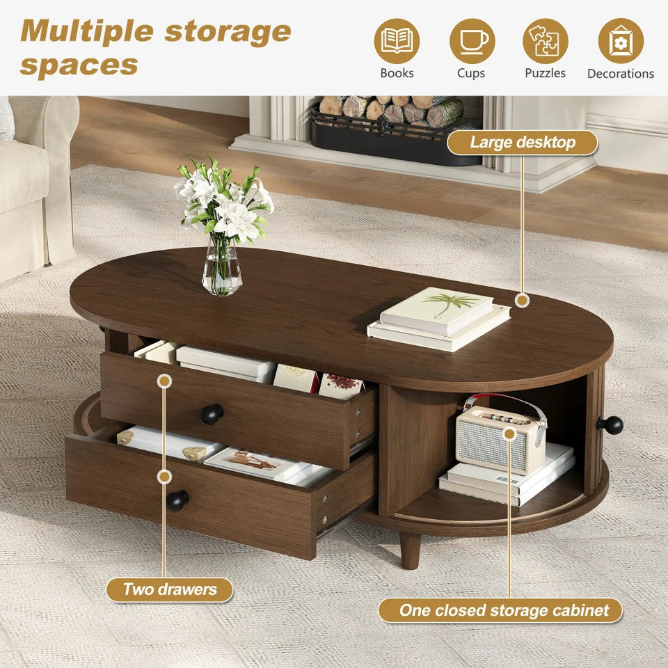 EstuaryOval Coffee Table with 2 Sliding Doors & Drawers – Walnut MDF, 100x50x36c