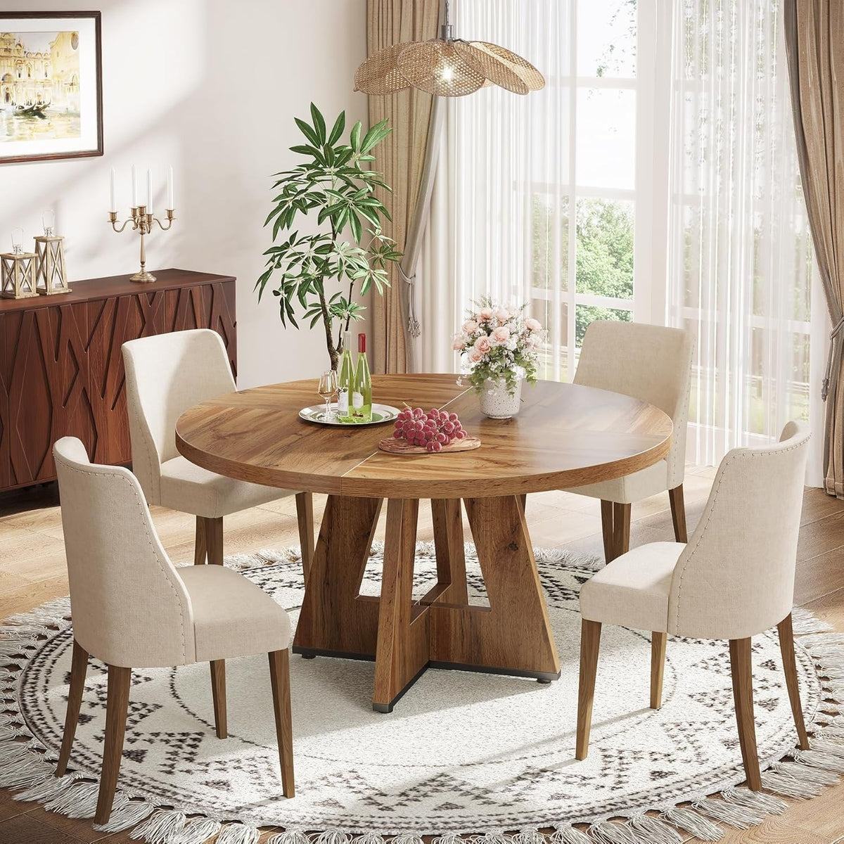 47 Inch Round Farmhouse Dining Table – Wooden Kitchen Table with Cross Base, Ide