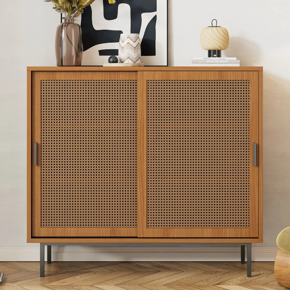 EstuaryVintage Farmhouse Walnut Rattan Sideboard Sliding Breathable Rattan Doors