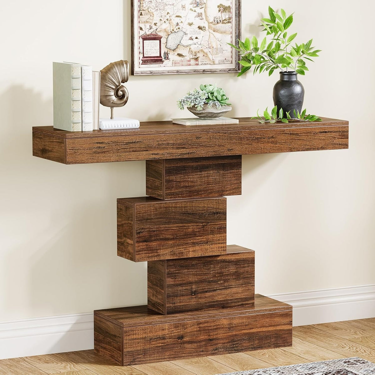 42.5 Inch Industrial Console Table – Narrow Wooden Sofa Table with Geometric Bas