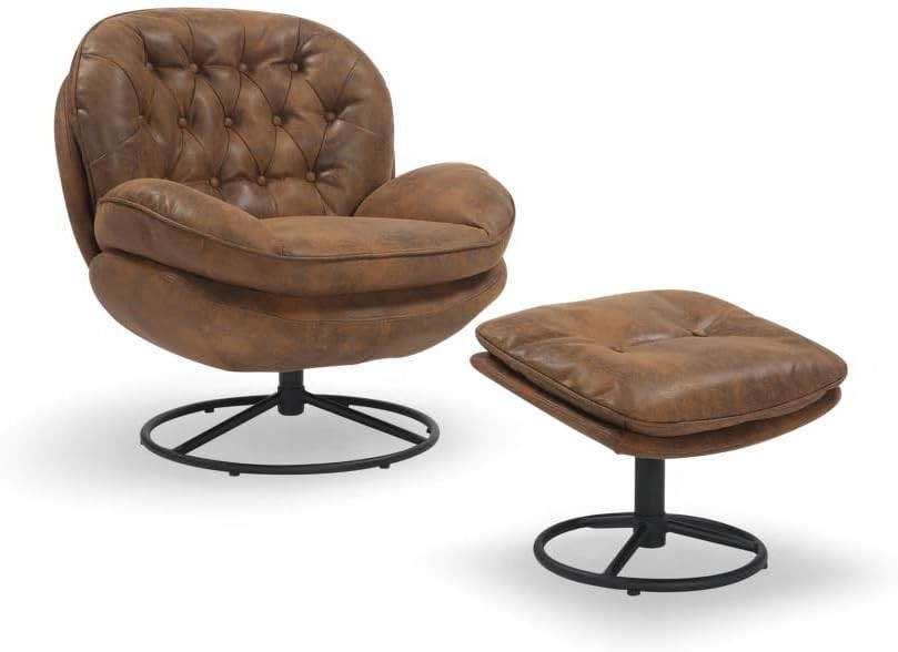 EstuaryBrown Swivel Chair and Footstool Set – 360 Swivel Faux Leather Armchair w