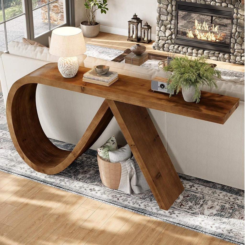 57 Inch Solid Wood Console Table, Curved Entryway Table, Narrow Long Sofa Table