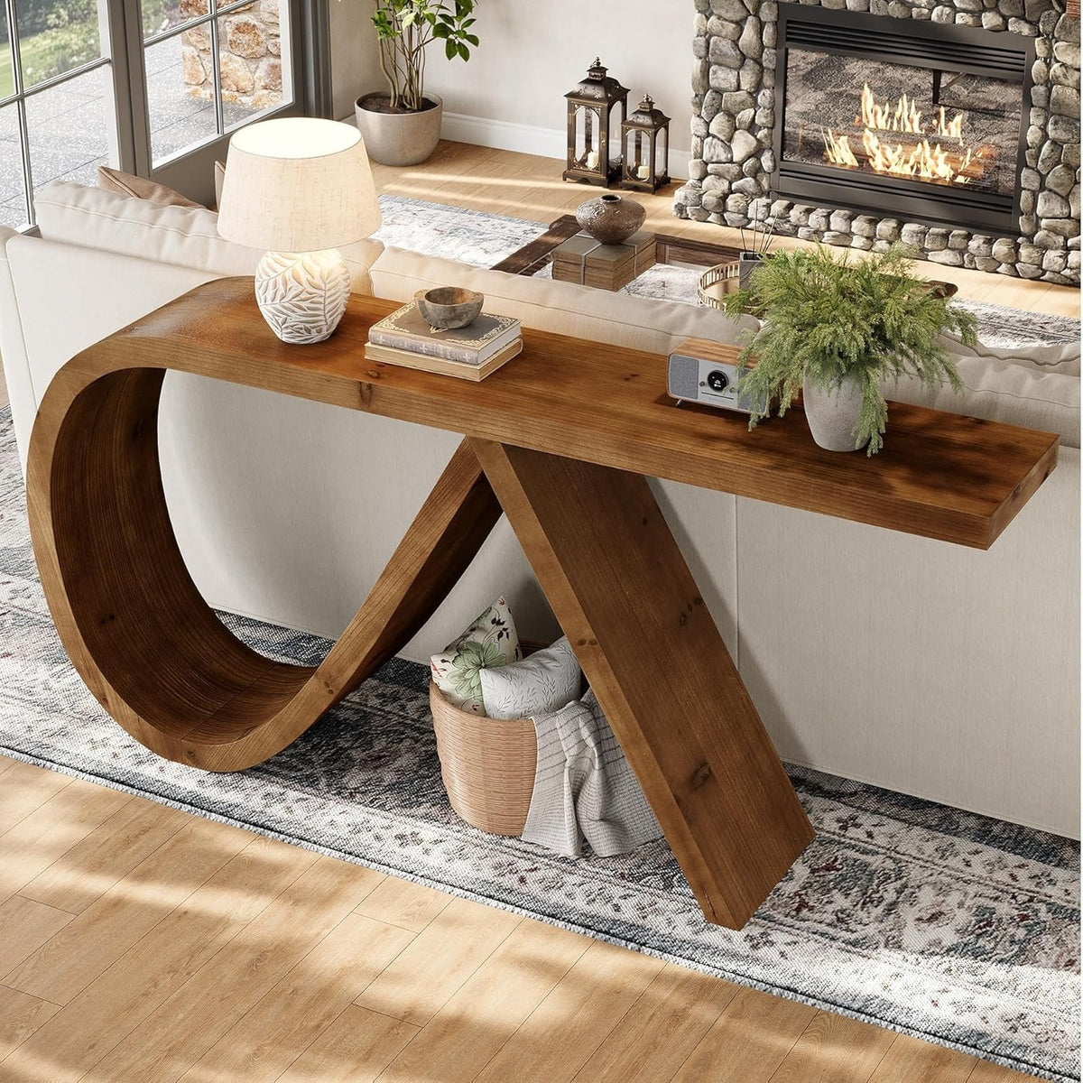 57 Inch Solid Wood Console Table, Curved Entryway Table, Narrow Long Sofa Table