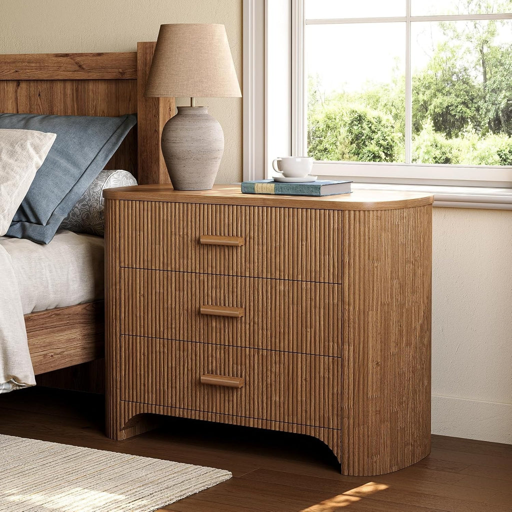 Large Wide Nightstand with 3 Drawers, Mid Century Modern Oversized Bedside Table