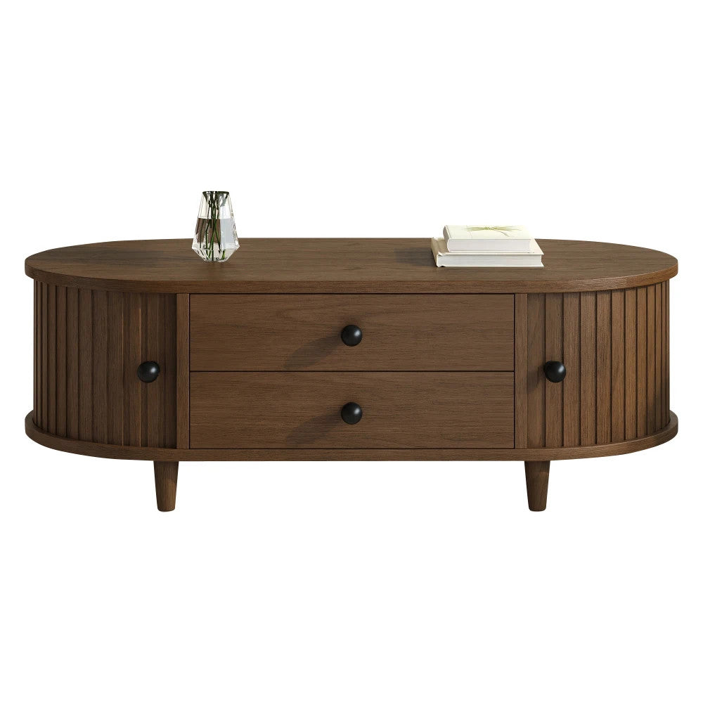 EstuaryOval Coffee Table with 2 Sliding Doors & Drawers – Walnut MDF, 100x50x36c