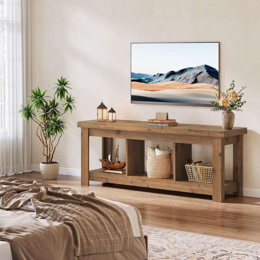 Solid Wood Console Table, 63-Inch Entryway Table with Storage, Long Wooden Sofa