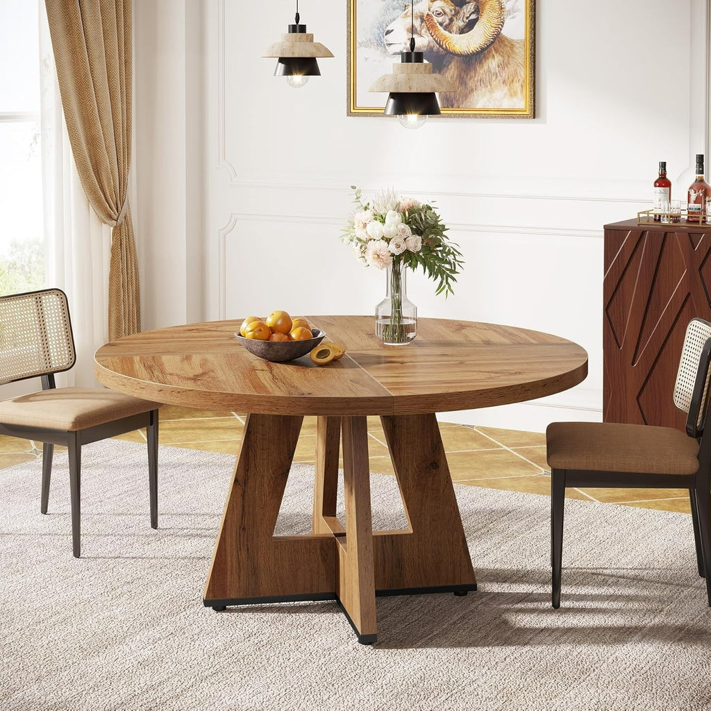 47 Inch Round Farmhouse Dining Table – Wooden Kitchen Table with Cross Base, Ide