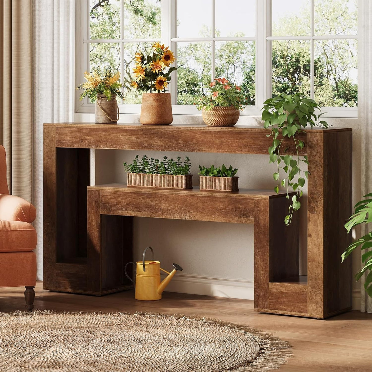 63-Inch Rustic Console Table with 2-Tier Shelf, Narrow Sofa Table for Entryway a