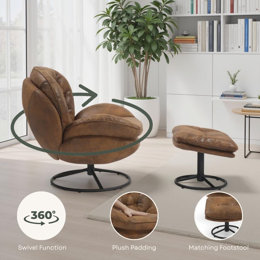 EstuaryBrown Swivel Chair and Footstool Set – 360 Swivel Faux Leather Armchair w