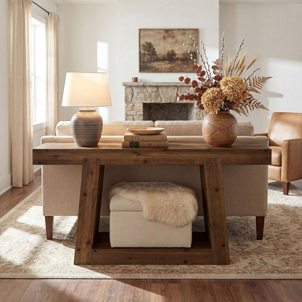 55-Inch Solid Wood Office Reception Console Table, Farmhouse Sofa Side Table wit
