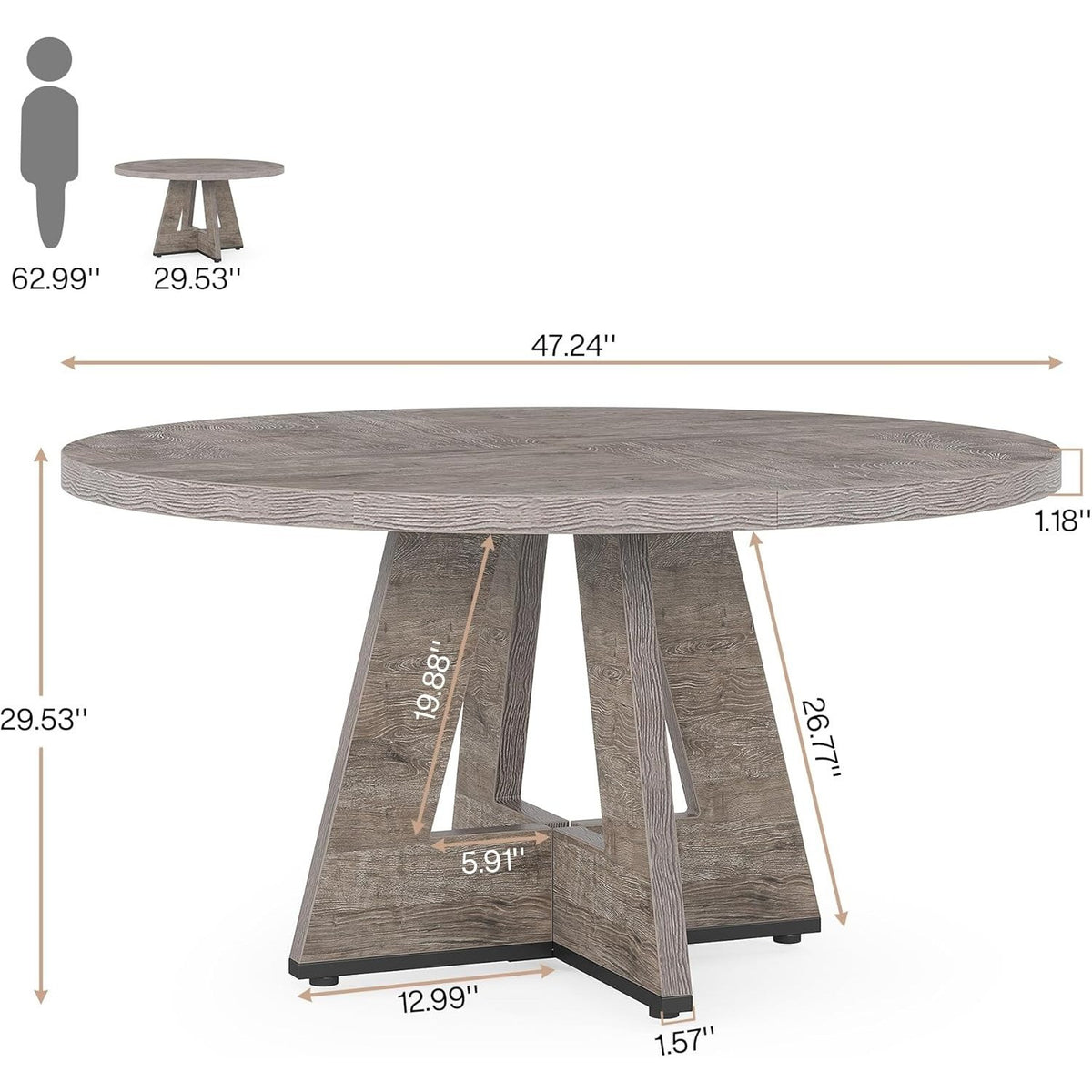 47 Inch Round Farmhouse Dining Table – Wooden Kitchen Table for 4 People, Ideal