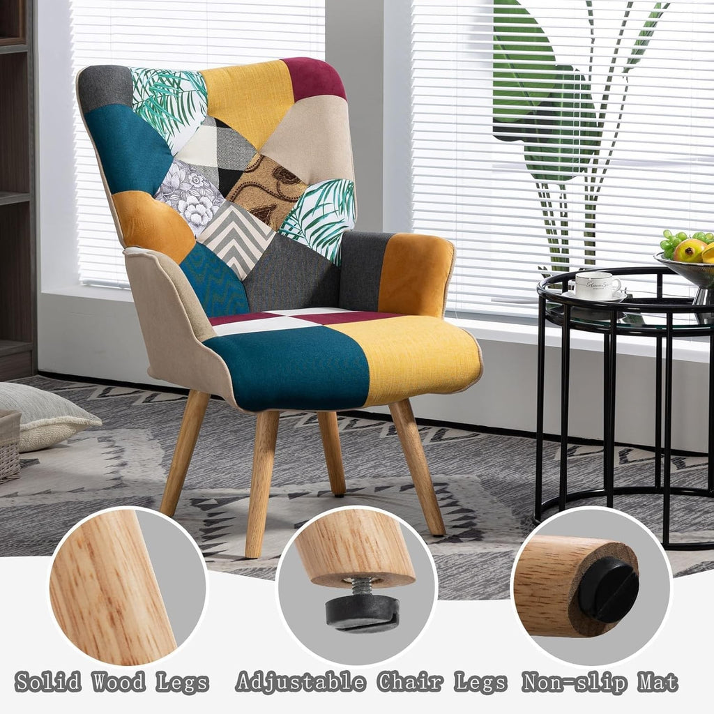 EstuaryPatchwork Accent Chair, Modern Upholstered Armchair with Wooden Legs, Mul