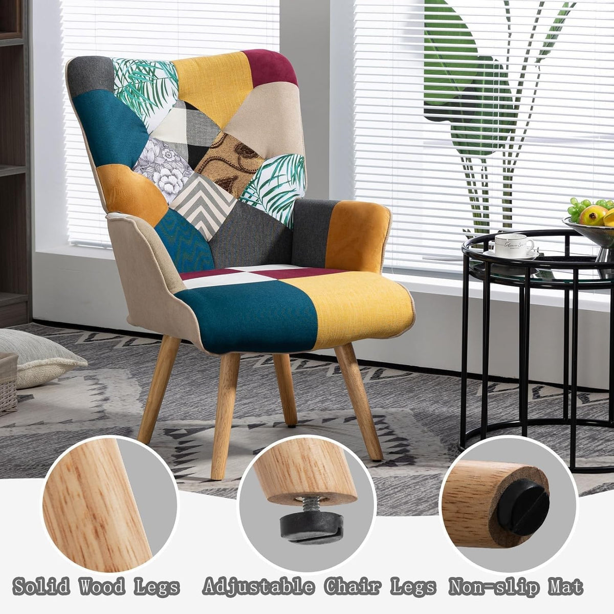 EstuaryPatchwork Accent Chair, Modern Upholstered Armchair with Wooden Legs, Mul