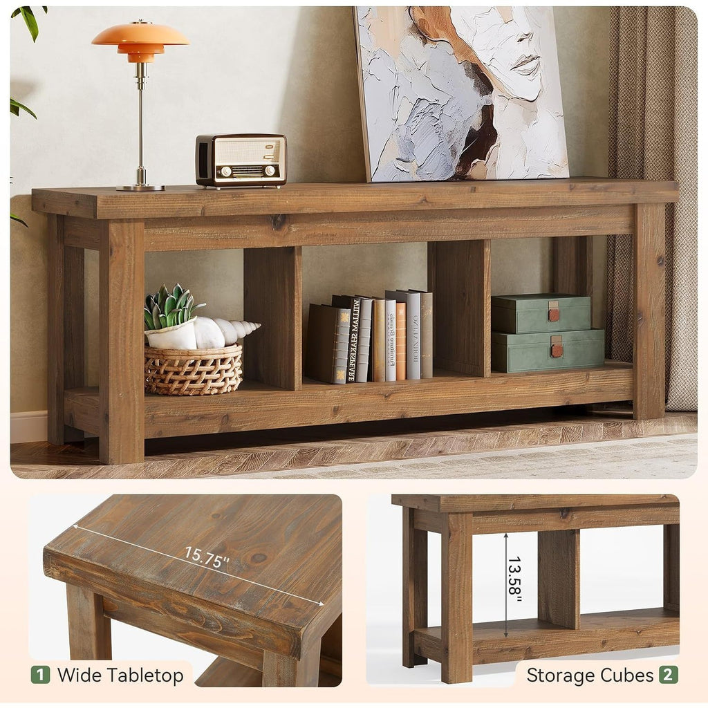 Solid Wood Console Table, 63-Inch Entryway Table with Storage, Long Wooden Sofa