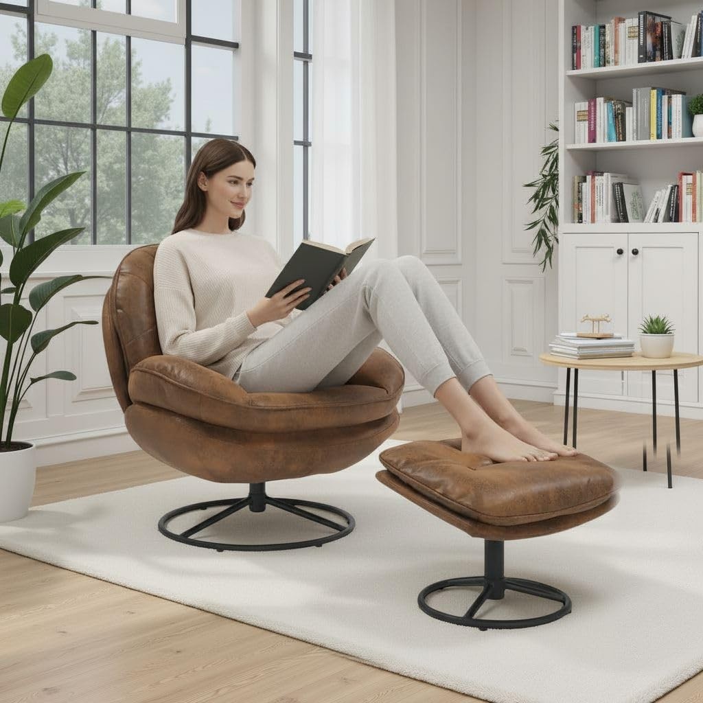EstuaryBrown Swivel Chair and Footstool Set – 360 Swivel Faux Leather Armchair w