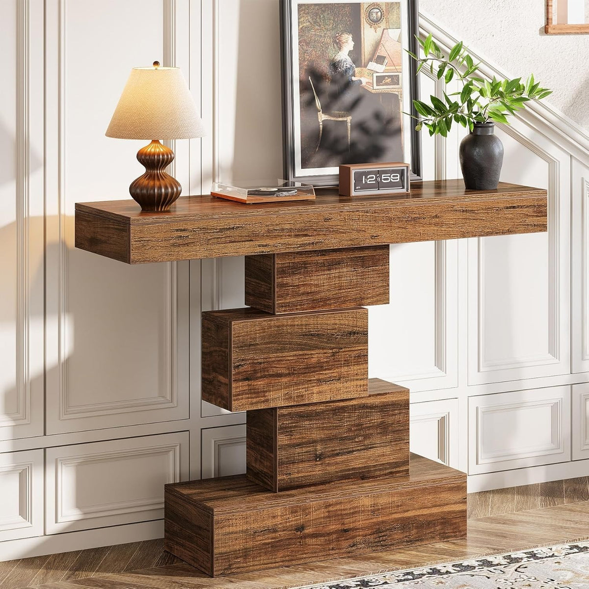 42.5 Inch Industrial Console Table – Narrow Wooden Sofa Table with Geometric Bas