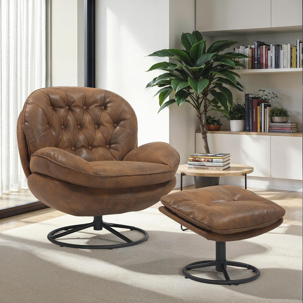 EstuaryBrown Swivel Chair and Footstool Set – 360 Swivel Faux Leather Armchair w