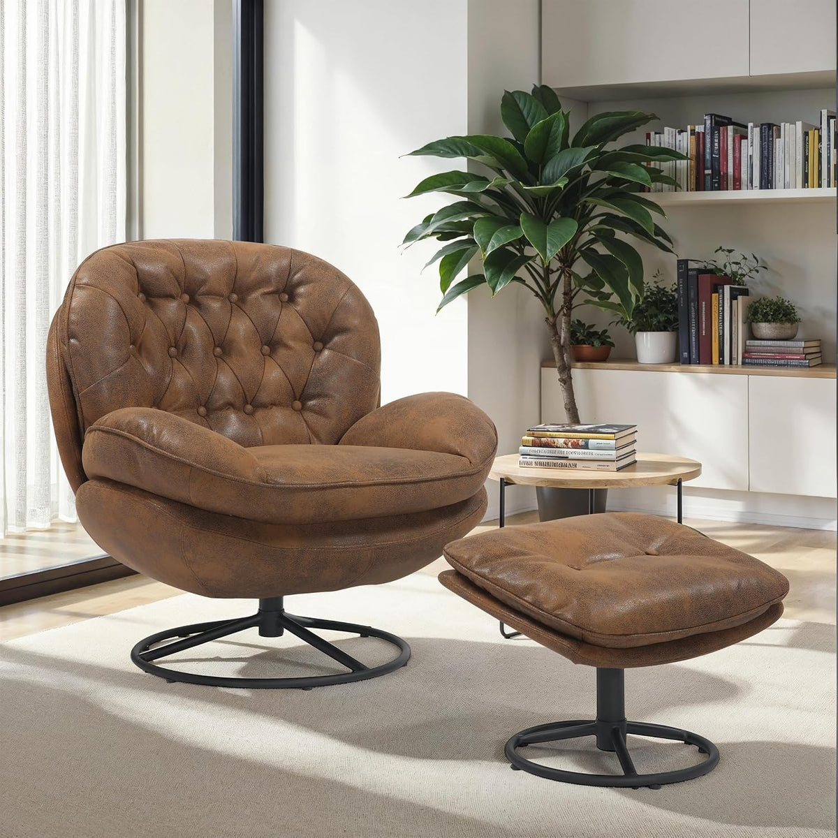 EstuaryBrown Swivel Chair and Footstool Set – 360 Swivel Faux Leather Armchair w